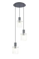 Brandroot Ribbed 49.5cm Round Pendant, 3 Light Adjustable E27, Dark Grey/Frosted/Clear Wide Line Glass
