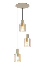 Brandroot Ribbed 49.5cm Round Pendant, 3 Light Adjustable E27, Light Gold/Amber Narrow Line Glass