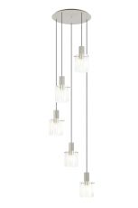Brandroot Ribbed 66cm Round Pendant, 5 Light Adjustable E27, Beige Stone/Frosted/Clear Wide Line Glass