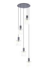 Brandroot Ribbed 66cm Round Pendant, 5 Light Adjustable E27, Dark Grey/Frosted/Clear Wide Line Glass