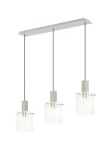 Brandroot Ribbed Linear Pendant, 3 Light Adjustable E27, Beige Stone/Frosted/Clear Wide Line Glass