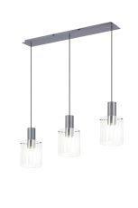 Brandroot Ribbed Linear Pendant, 3 Light Adjustable E27, Dark Grey/Frosted/Clear Wide Line Glass