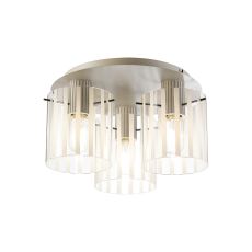 Brandroot Ribbed 41cm Round Ceiling Flush, 3 Light Flush Fitting E27, Beige Stone/Frosted/Clear Wide Line Glass