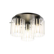 Brandroot Ribbed 41cm Round Ceiling Flush, 3 Light Flush Fitting E27, Dark Grey/Frosted/Clear Wide Line Glass