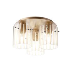 Brandroot Ribbed 41cm Round Ceiling Flush, 3 Light Flush Fitting E27, Light Gold/Frosted/Clear Wide Line Glass