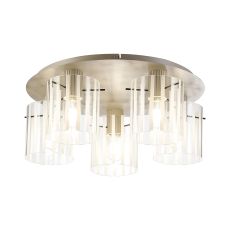 Brandroot Ribbed 56cm Round Ceiling Flush, 5 Light Flush Fitting E27, Beige Stone/Frosted/Clear Wide Line Glass