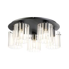 Brandroot Ribbed 56cm Round Ceiling Flush, 5 Light Flush Fitting E27, Dark Grey/Frosted/Clear Wide Line Glass