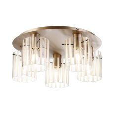 Brandroot Ribbed 56cm Round Ceiling Flush, 5 Light Flush Fitting E27, Light Gold/Frosted/Clear Wide Line Glass