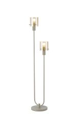 Brandroot Ribbed Stepped Floor Lamp, 2 Light E27, Beige Stone/Amber Narrow Line Glass