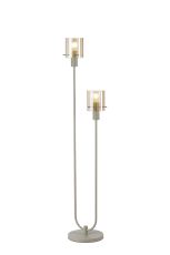 Brandroot Ribbed Stepped Floor Lamp, 2 Light E27, Beige Stone/Amber Wide Line Glass