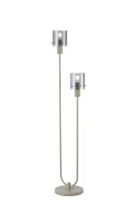Brandroot Ribbed Stepped Floor Lamp, 2 Light E27, Beige Stone/Smoke Wide Line Glass