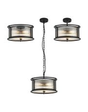 Lyon 35cm Round Flush/Semi Ceiling/Pendant Convertible, 3 x E14, Satin Black/Clear Glass