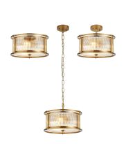 Lyon 35cm Round Flush/Semi Ceiling/Pendant Convertible, 3 x E14, Brass/Clear Glass