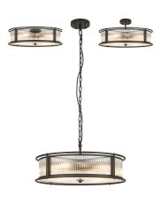 Lyon 65cm Round Flush/Semi Ceiling/Pendant Convertible, 8 x E14, Satin Black/Clear Glass