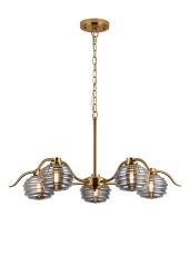 Corte 80cm 5 Light Multi Arm Pendant/Semi Flush With 160mm Glass, Brass/Smoke