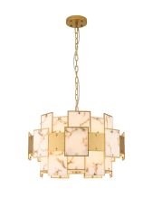 Houlte 59cm Round Pendant/Semi Flush Faux Alabaster & Metal, 12 x E14, 1.5m Chain, Gold/Brown