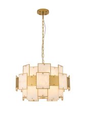 Houlte 59cm Round Pendant/Semi Flush White Alabaster Glass & Metal, 12 x E14, 1.5m Chain, Gold/White Frosted, Item Weight: 18kg