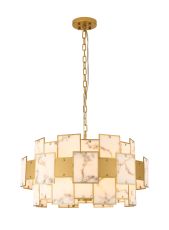 Houlte 74cm Round Pendant/Semi Flush Faux Alabaster & Metal, 17 x E14, 2m Chain, Gold/Grey, Item Weight: 19kg