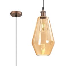 Cawdor Single Pendant, 1 Light E27, Antique Copper/Black/Amber Kite Glass