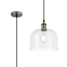 Cawdor Single Pendant, 1 Light E27, Antique Brass/Black/Clear Cloche Glass