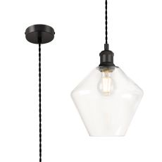 Cawdor Single Pendant, 1 Light E27, Matt Black/Black/Amber Diamond Glass