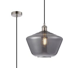 Cawdor Single Pendant, 1 Light E27, Satin Nickel/Black/Smoke Hexagonal Glass