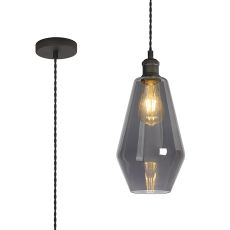 Cawdor Single Pendant, 1 Light E27, Pewter/Dark Grey/Smoke Kite Glass