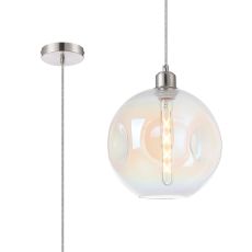 Cawdor Single Pendant, 1 Light E27, Satin Nickel/Clear/Iridescent Dimple Glass