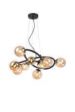 Monza 70cm Twisted Pendant, 9 x G9, Satin Black, Amber Plated Glass