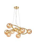 Monza 70cm Twisted Pendant, 9 x G9, Satin Gold, Amber Plated Glass