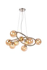 Monza 70cm Twisted Pendant, 9 x G9, Satin Nickel, Amber Plated Glass
