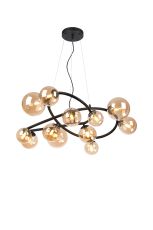 Monza 90cm Twisted Pendant, 12 x G9, Satin Black, Amber Plated Glass