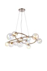 Monza 90cm Twisted Pendant, 12 x G9, Satin Nickel, Iridescent Plated Glass