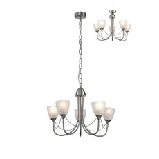 Cooper Ceiling 5 Light Pendant Convertible To Semi Flush E14 Satin Nickel/Opal Glass