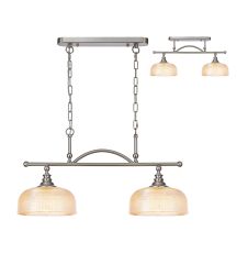 Arvo Semi Flush/Pendant Bar, 2 Light Adjustable E27, Satin Nickel/Amber Glass