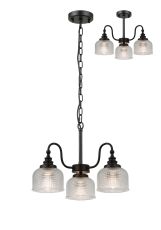 Arvo 47cm Semi Flush/Pendant, 3 Light E27, Satin Black/Clear Glass