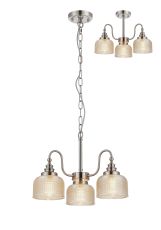 Arvo 47cm Semi Flush/Pendant, 3 Light E27, Satin Nickel/Amber Glass