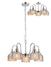 Arvo 57cm Semi Flush/Pendant, 5 Light E27, Polished Nickel/Amber Glass