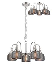 Arvo 57cm Semi Flush/Pendant, 5 Light E27, Polished Nickel/Smoke Glass