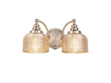 Arvo Switched Double Wall Light, 2 Light E27 Satin Nickel/Amber Glass