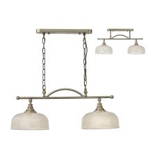 Arvo Semi Flush/Pendant Bar, 2 Light Adjustable E27, Antique Brass/Prismatic Glass