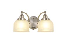 Arvo Switched Double Wall Light, 2 Light E27 Satin Nickel/Frosted Glass