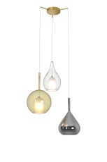 Carys 71cm Pendant With Mixed Shades, 3 Light E27, Clear/Chrome/Cognac Glass With Frosted Inner, Gold Frame