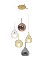 Carys 82cm Pendant With Mixed Shades, 5 Light E27, Copper/Clear/Chrome/Cognac Glass With Frosted Inner, Gold Frame