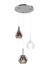 Carys Round Pendant With Mixed Glass Shades, 3 Light E27, Chrome/Copper & Frosted Inner/Chrome & Frosted Inner/Clear & Frosted Inner