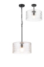 Dupa 38cm Satin Black Pendant/Semi Flush/Semi Flush 1 x E27 With Drum Ribbed Glass (B)