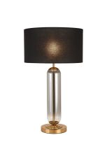 Campo Tubular Table Lamp, 1 Light E27, Brass Gold/Smoke Fade Glass/Black 40cm Linen Shade