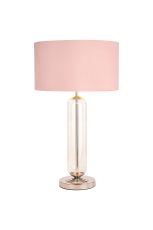 Campo Tubular Table Lamp, 1 Light E27, Polished Nickel/Clear Glass/Blush Pink/Prosecco 40cm Velvet Shade