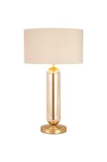 Campo Tubular Table Lamp, 1 Light E27, Satin Gold/Cognac Glass/Ivory/Champagne 40cm Velvet Shade