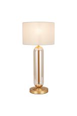 Zara Tubular Table Lamp, 1 Light E27, Satin Gold/Cognac Glass/Pearl Oyster 30cm Linen